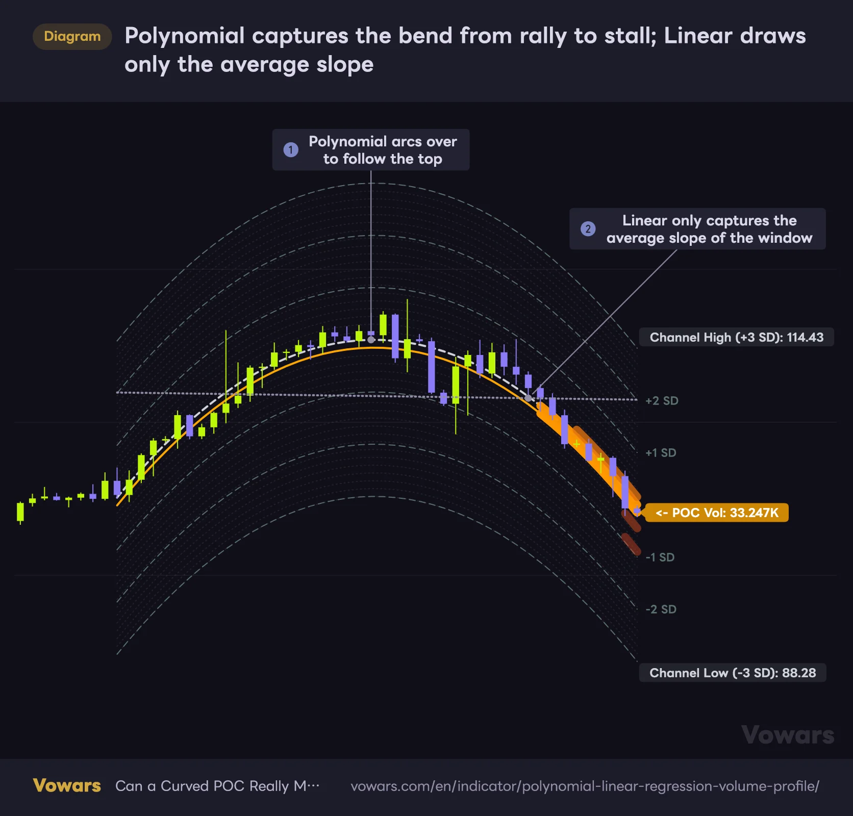 Polynomial captures the bend from rally to stall; Linear draws only the average slope