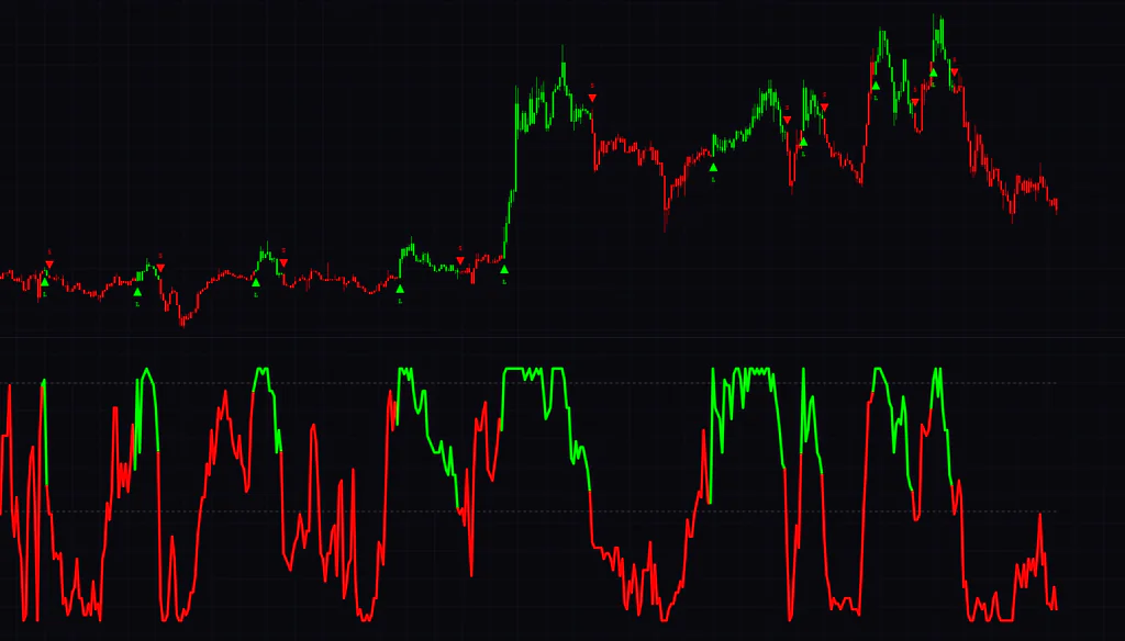 MAD Adaptive Trend Scoreを5分足に表示した例。急騰の場面は緑の帯でまとまる一方、横ばいではL/Sのサインが短い間隔で入れ替わる。