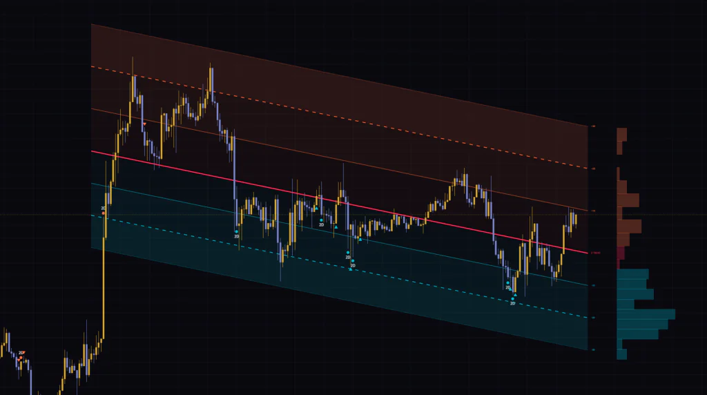 TradingViewのBitcoin 1時間足にTrend Deviation Channelを表示した画面。赤い中心線と上下3本ずつのレール、右端のDeviation Profileが確認できる。